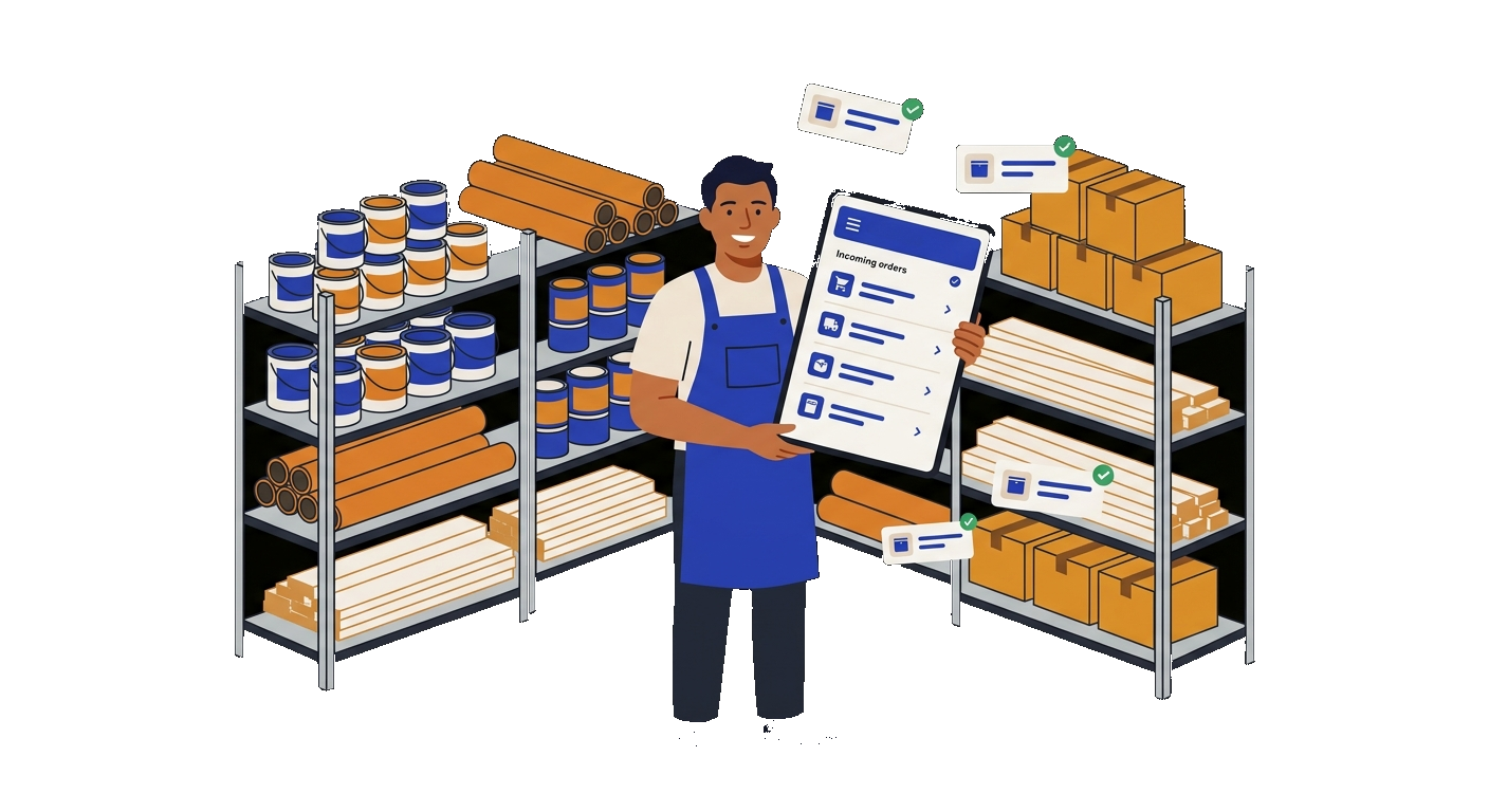 A supplier in their store managing incoming orders on the InstaSupply dashboard, surrounded by shelves of paint, lumber and boxed materials